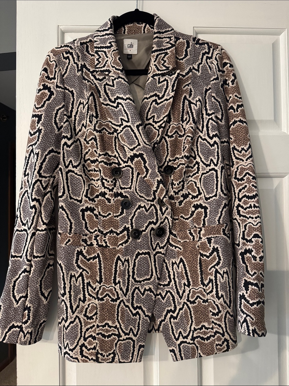 CAbi Double-Breasted Snake-Print Blazer in Brown, Black & Cream